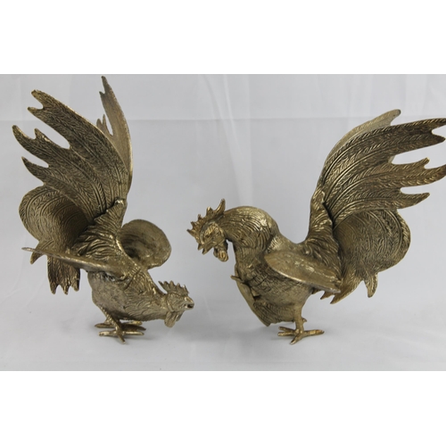 20 - Pair of Silver Metal Fighting Roosters, Vintage Statues 21cm height