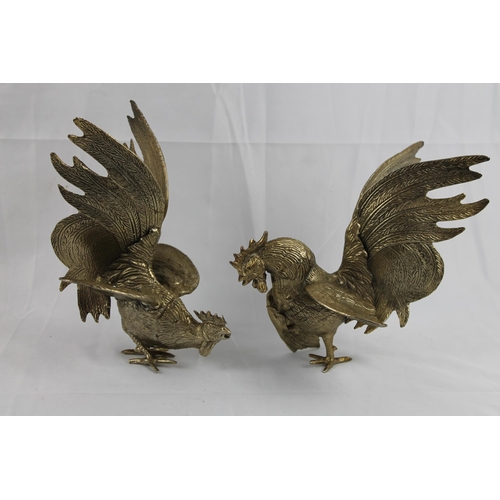 20 - Pair of Silver Metal Fighting Roosters, Vintage Statues 21cm height