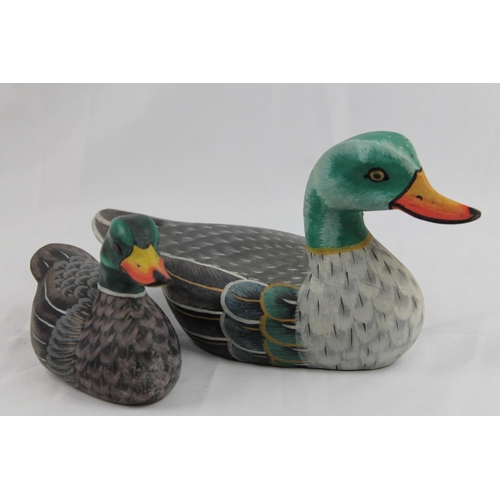 24 - Two Decorative Wooden Duck Figurines, Hand Painted 26 x 13 cm