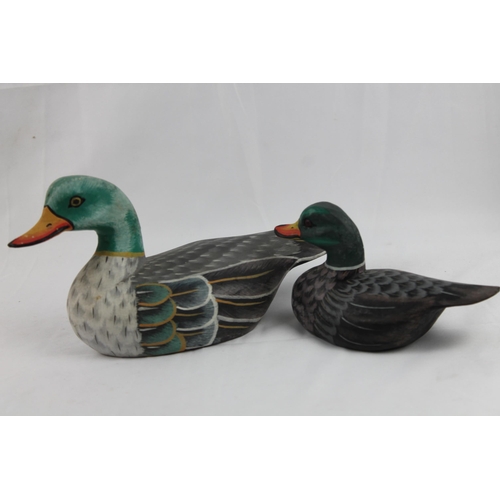 24 - Two Decorative Wooden Duck Figurines, Hand Painted 26 x 13 cm