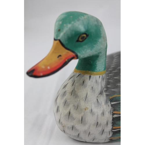 24 - Two Decorative Wooden Duck Figurines, Hand Painted 26 x 13 cm