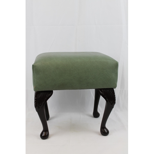 102 - Queen Anne style Stool With Green Leather Upholstered Top