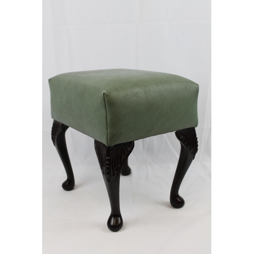 102 - Queen Anne style Stool With Green Leather Upholstered Top