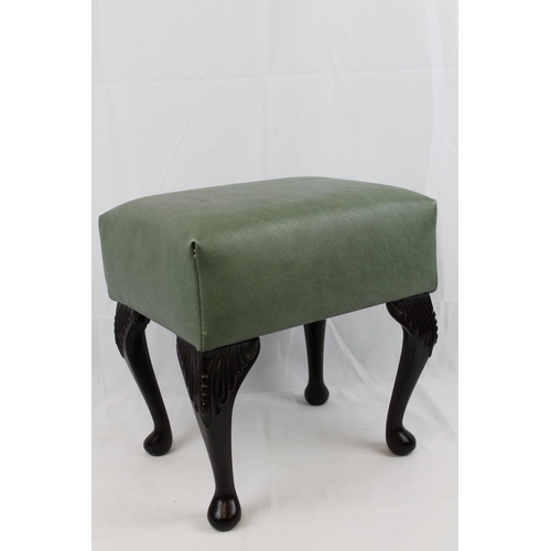 102 - Queen Anne style Stool With Green Leather Upholstered Top