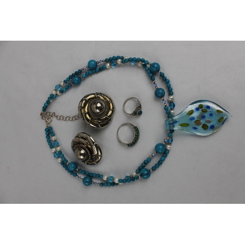 169 - Two Sterling Silver Rings , (Dyed Jade Crystal), Murano Glass Necklace and a Earrings