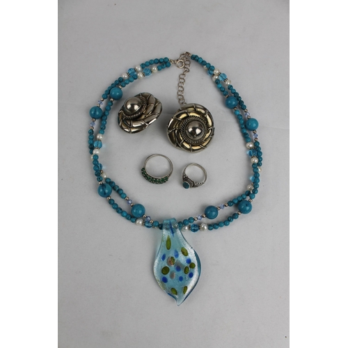 169 - Two Sterling Silver Rings , (Dyed Jade Crystal), Murano Glass Necklace and a Earrings