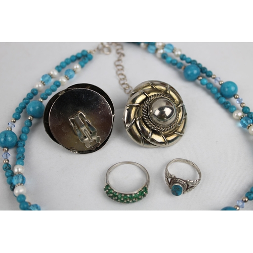 169 - Two Sterling Silver Rings , (Dyed Jade Crystal), Murano Glass Necklace and a Earrings