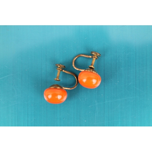 177 - Vintage Gold Tone Orange Plastic Dangling Ball Earrings