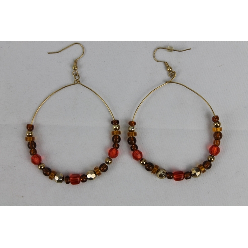 187 - Gold and Red Beaded Hoop Earrings