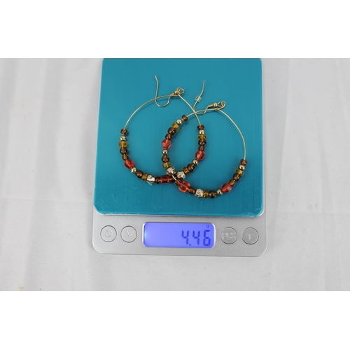 187 - Gold and Red Beaded Hoop Earrings