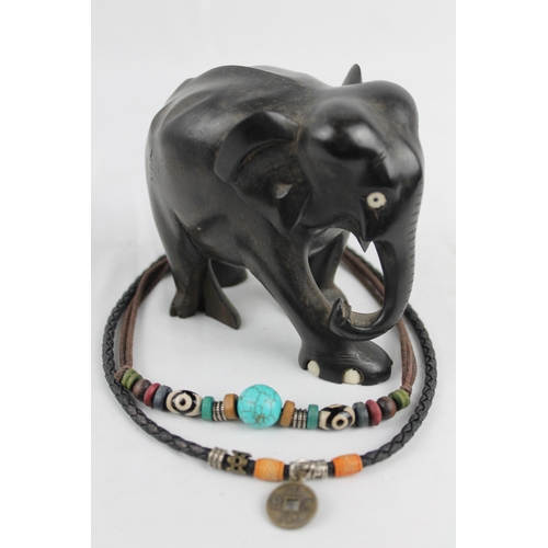 188 - Bead Coin Pendant with Wooden Elephant Statue