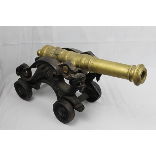 233 - Vintage Victorian Brass Signal Cannons on Cast Dragon Stand, 18