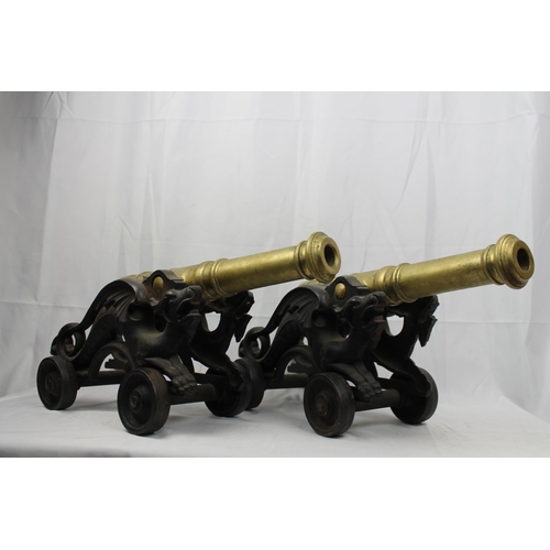 233 - Vintage Victorian Brass Signal Cannons on Cast Dragon Stand, 18