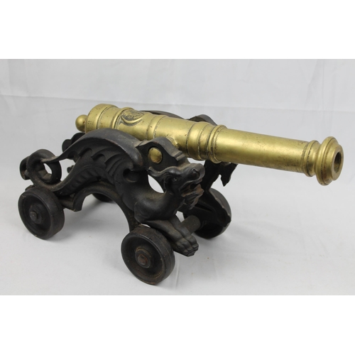 233 - Vintage Victorian Brass Signal Cannons on Cast Dragon Stand, 18