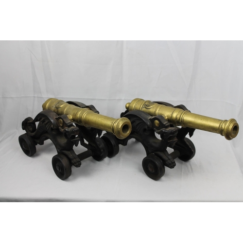 233 - Vintage Victorian Brass Signal Cannons on Cast Dragon Stand, 18