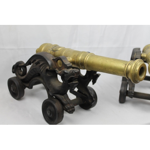 233 - Vintage Victorian Brass Signal Cannons on Cast Dragon Stand, 18