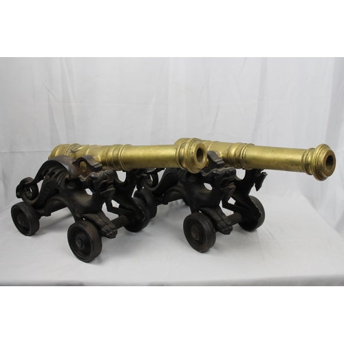 233 - Vintage Victorian Brass Signal Cannons on Cast Dragon Stand, 18