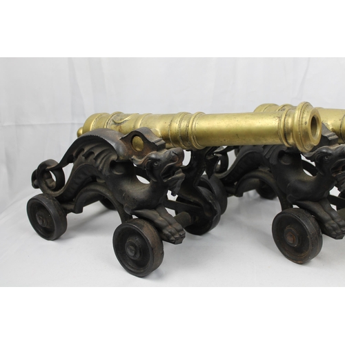 233 - Vintage Victorian Brass Signal Cannons on Cast Dragon Stand, 18