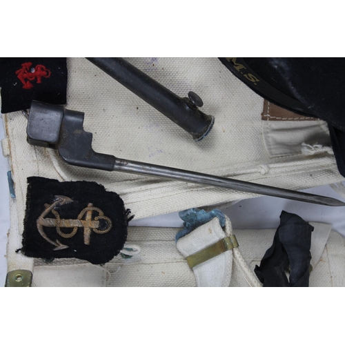 234 - Original WW II. Royal Navy Black Wool Cap, Lee-Enfield MK2 WW2 Spike Bayonet and Scabbard etc...