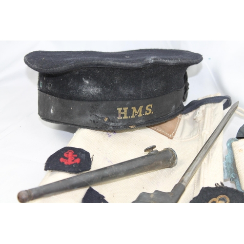 234 - Original WW II. Royal Navy Black Wool Cap, Lee-Enfield MK2 WW2 Spike Bayonet and Scabbard etc...