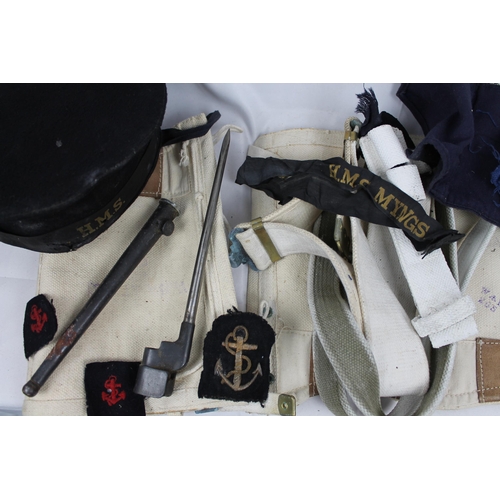 234 - Original WW II. Royal Navy Black Wool Cap, Lee-Enfield MK2 WW2 Spike Bayonet and Scabbard etc...