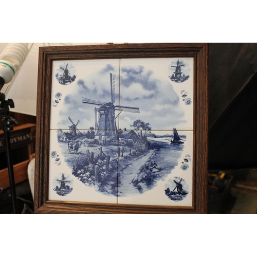 246 - Vintage Dutch Landscape Tiles, Blue and White, in Frame, 350mm x 350mm , Mint Condition