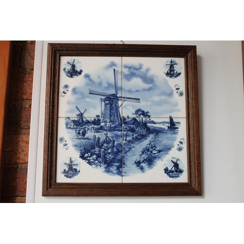 246 - Vintage Dutch Landscape Tiles, Blue and White, in Frame, 350mm x 350mm , Mint Condition