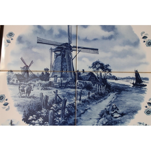 246 - Vintage Dutch Landscape Tiles, Blue and White, in Frame, 350mm x 350mm , Mint Condition