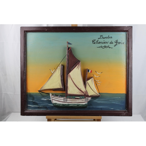 257 - Vintage French Hand Crafted, Hand Painted Wooden Boat in Frame