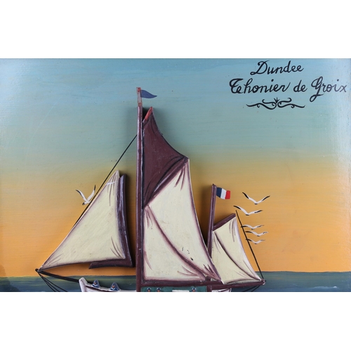 257 - Vintage French Hand Crafted, Hand Painted Wooden Boat in Frame