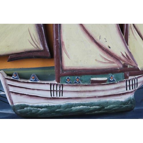 257 - Vintage French Hand Crafted, Hand Painted Wooden Boat in Frame