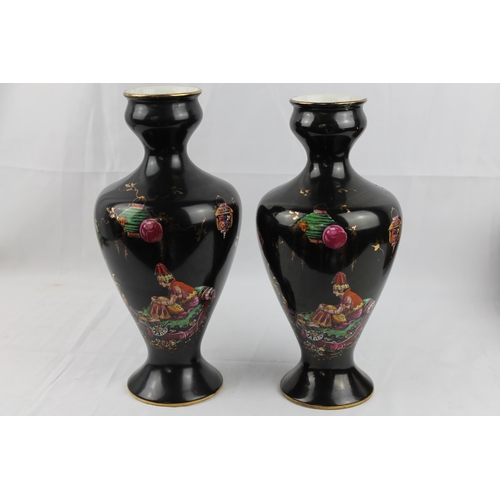 284 - Bow 19th Century Pair Black Vases Hand Painted