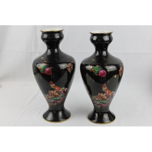 284 - Bow 19th Century Pair Black Vases Hand Painted