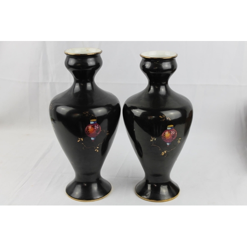 284 - Bow 19th Century Pair Black Vases Hand Painted