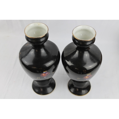 284 - Bow 19th Century Pair Black Vases Hand Painted