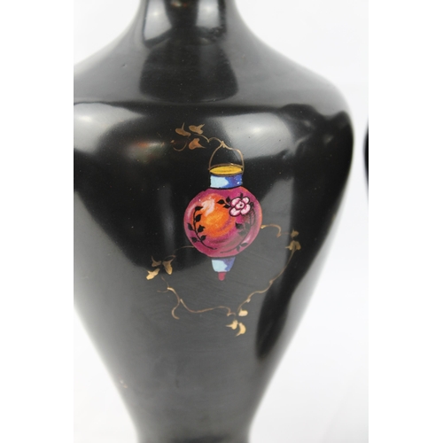 284 - Bow 19th Century Pair Black Vases Hand Painted