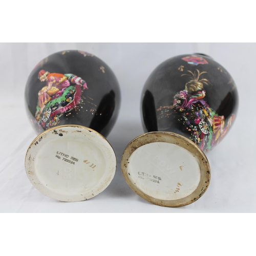 284 - Bow 19th Century Pair Black Vases Hand Painted