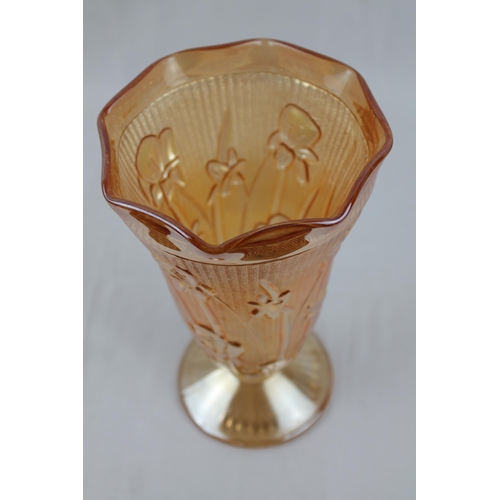 286 - Large Vintage Carnival Glass Vase Iris and Herringbone Amber Urn