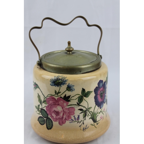 289 - Glazed Porcelain English (EPNS) Lidded Cracker/Biscuit Jar Painted Floral Panels