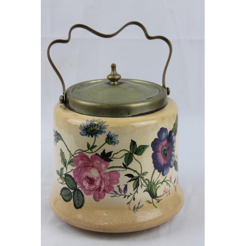 289 - Glazed Porcelain English (EPNS) Lidded Cracker/Biscuit Jar Painted Floral Panels