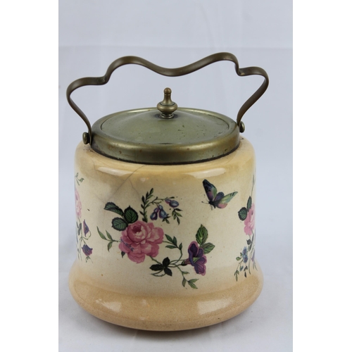 289 - Glazed Porcelain English (EPNS) Lidded Cracker/Biscuit Jar Painted Floral Panels