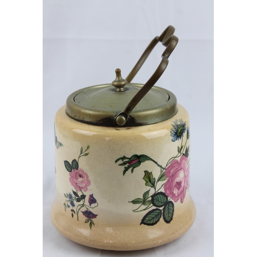 289 - Glazed Porcelain English (EPNS) Lidded Cracker/Biscuit Jar Painted Floral Panels