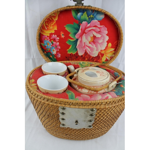 300 - Vintage Chinese porcelain wedding tea set in padded woven travel picnic basket