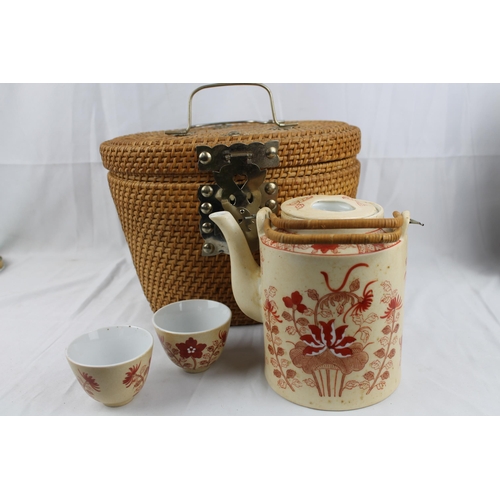 300 - Vintage Chinese porcelain wedding tea set in padded woven travel picnic basket