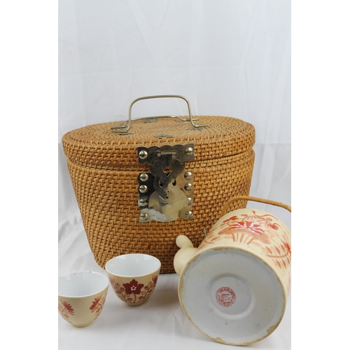 300 - Vintage Chinese porcelain wedding tea set in padded woven travel picnic basket