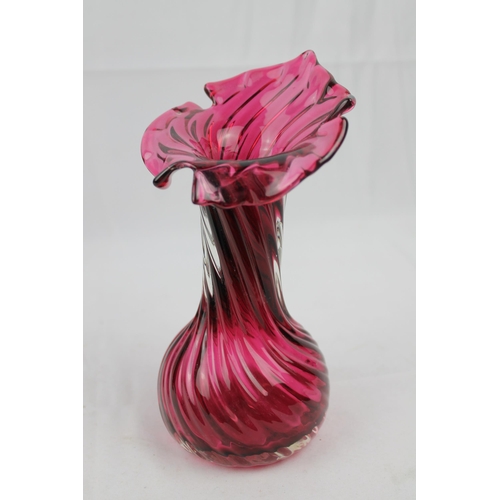 331 - Fenton Cranberry Glass Vase W/Spiral Design, 8 1/2 inches tall