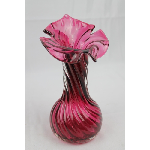 331 - Fenton Cranberry Glass Vase W/Spiral Design, 8 1/2 inches tall