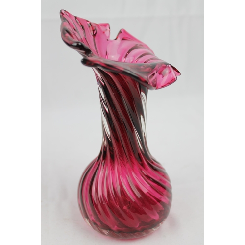 331 - Fenton Cranberry Glass Vase W/Spiral Design, 8 1/2 inches tall