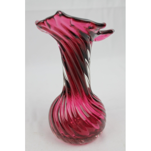 331 - Fenton Cranberry Glass Vase W/Spiral Design, 8 1/2 inches tall