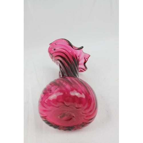 331 - Fenton Cranberry Glass Vase W/Spiral Design, 8 1/2 inches tall